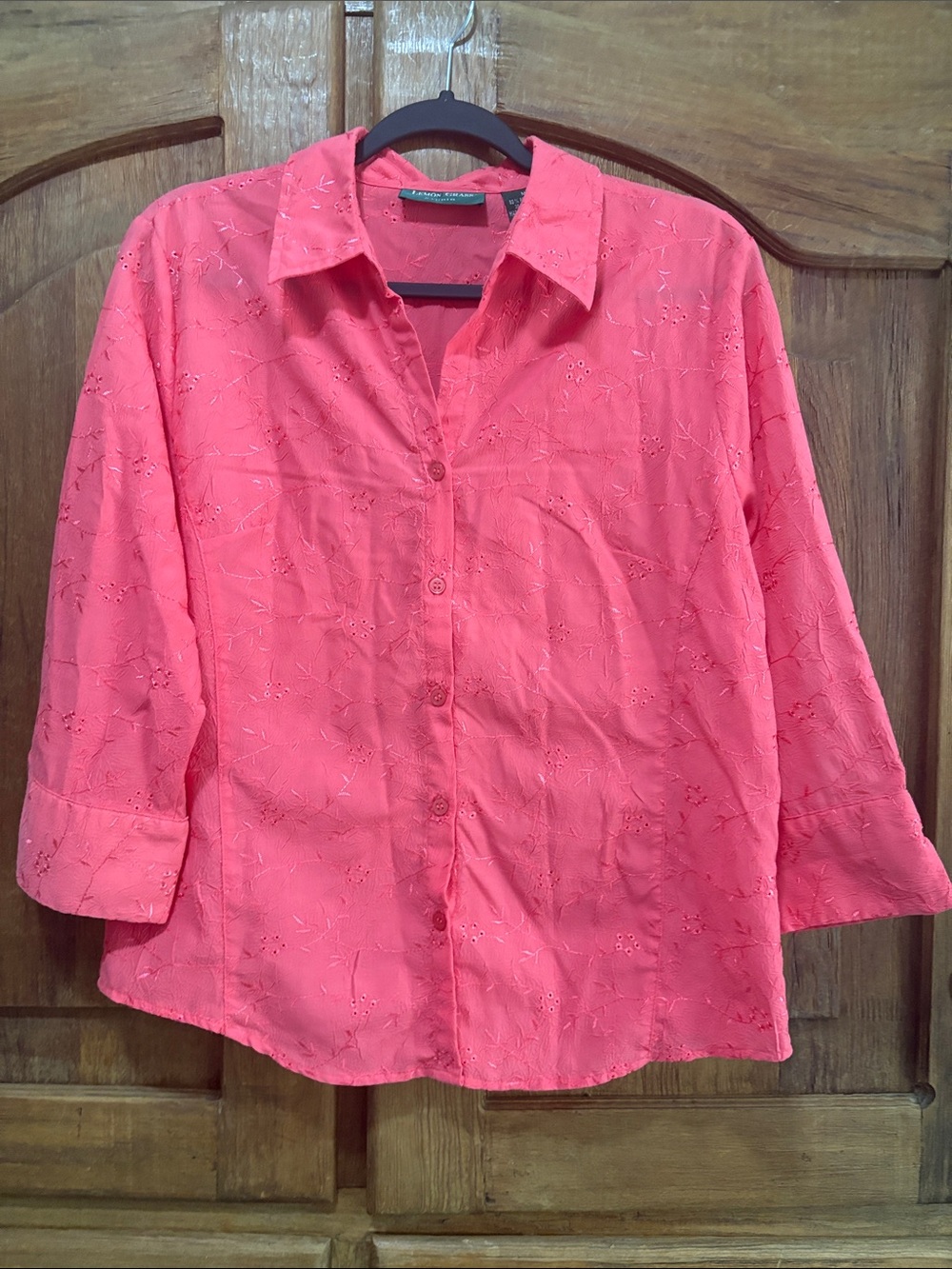 Lemon Grass Coral Eyelet Button-Down Shirt with Collar